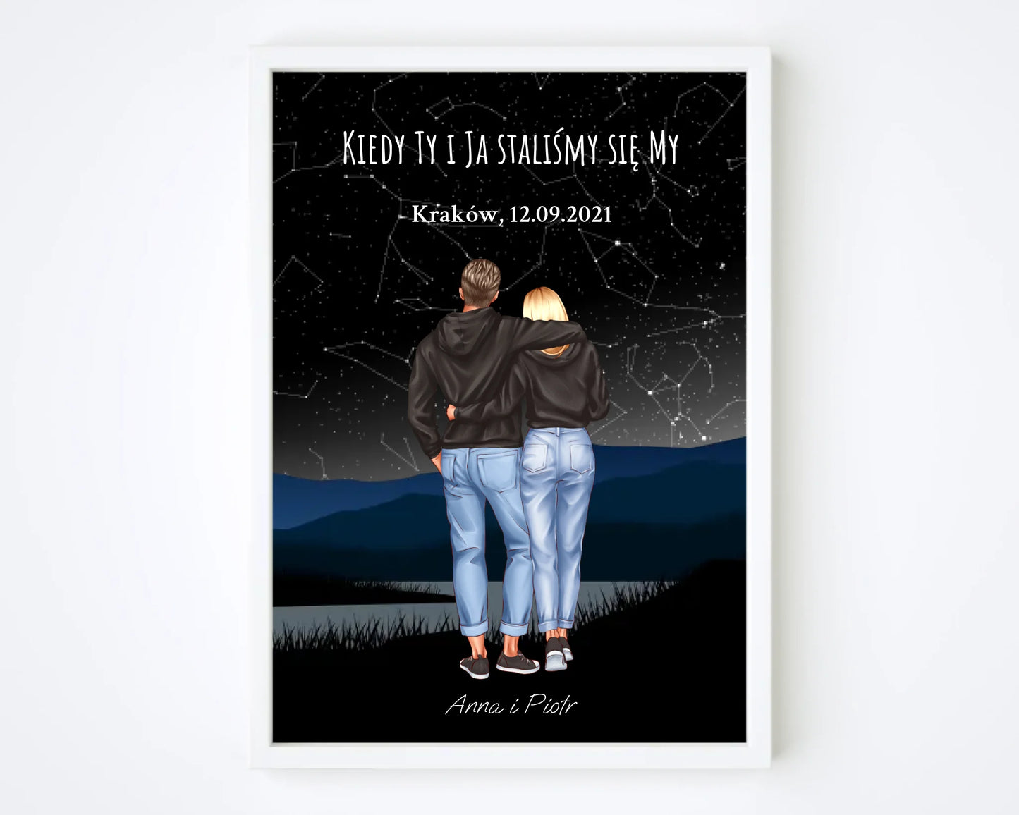 Personalizowany plakat para z mapą gwiazd – romantyczny obraz w ramie