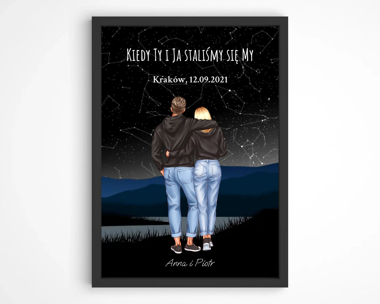 Personalizowany plakat para z mapą gwiazd – romantyczny obraz w ramie
