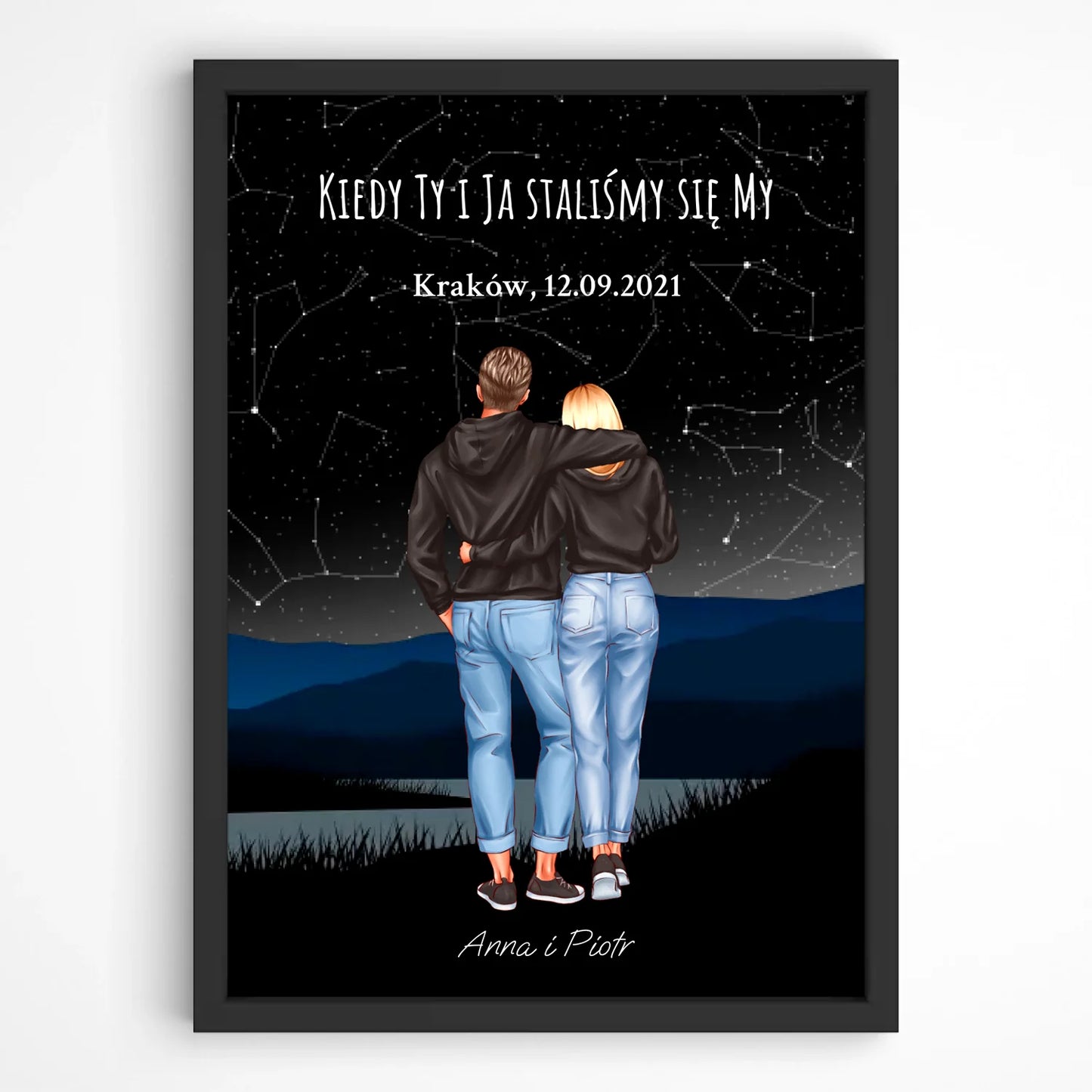 Personalizowany plakat para z mapą gwiazd – romantyczny obraz w ramie