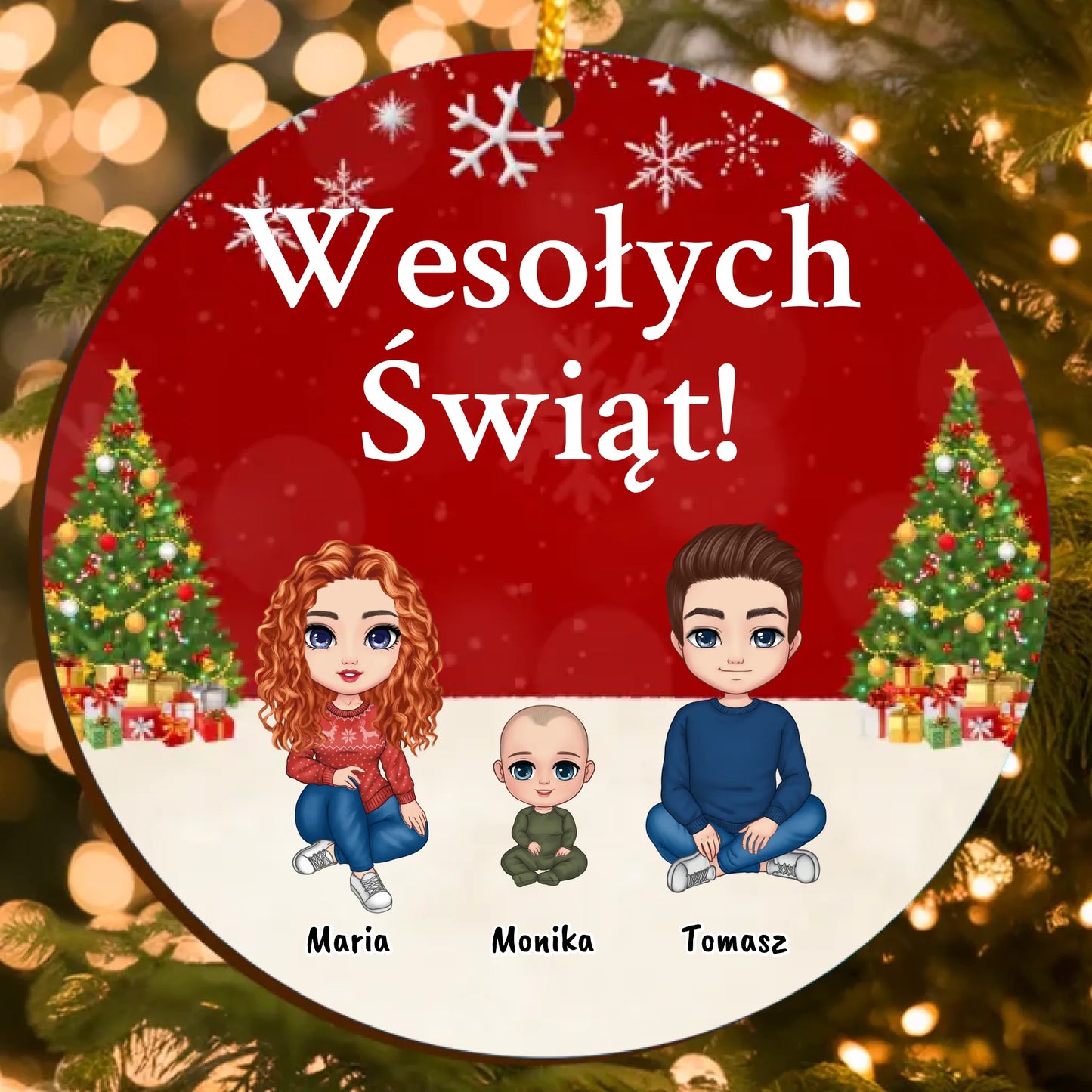 Personalizowana ozdoba świąteczna z postaciami (do 6 osób) i własnym tekstem – Wesołych Świąt!