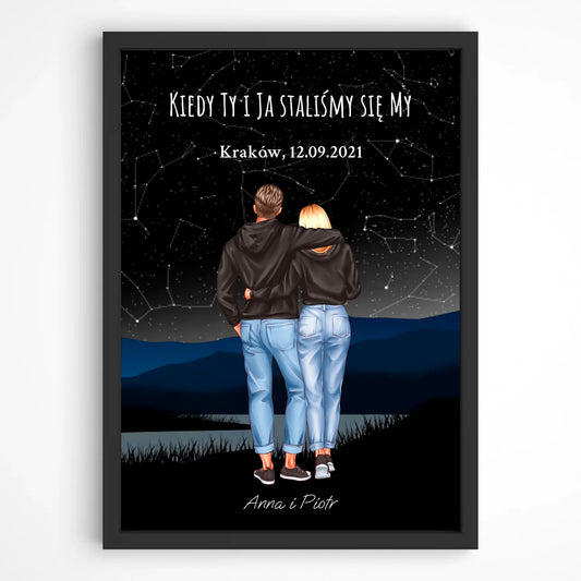Personalizowany plakat para z mapą gwiazd – romantyczny obraz w ramie