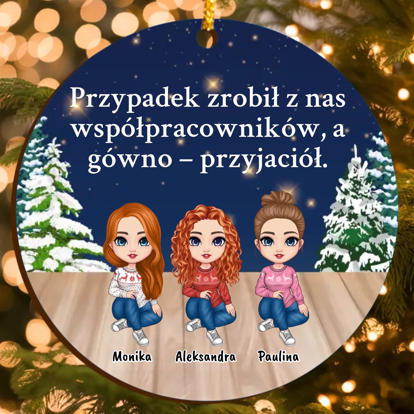 Personalizowana ozdoba świąteczna z postaciami oraz własnym tekstem