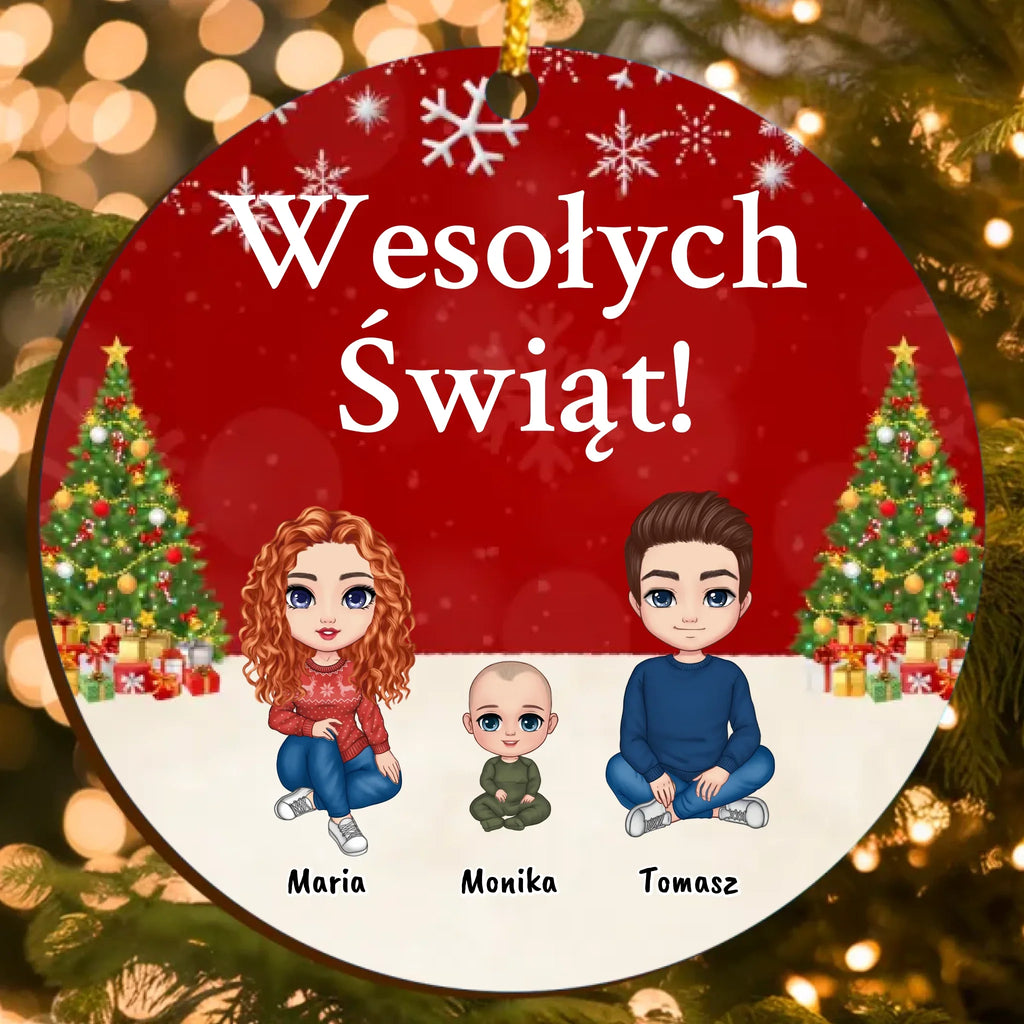 Personalizowana ozdoba świąteczna z postaciami (do 6 osób) i własnym tekstem – Wesołych Świąt!