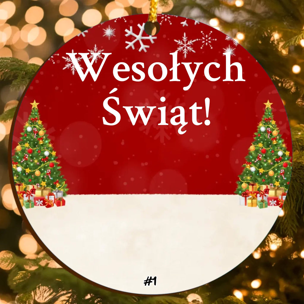 Personalizowana ozdoba świąteczna z postaciami (do 6 osób) i własnym tekstem – Wesołych Świąt!