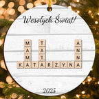 „Personalizowana ozdoba świąteczna w stylu Scrabble – własny tekst i imiona, nadruk 1-warstwowy
