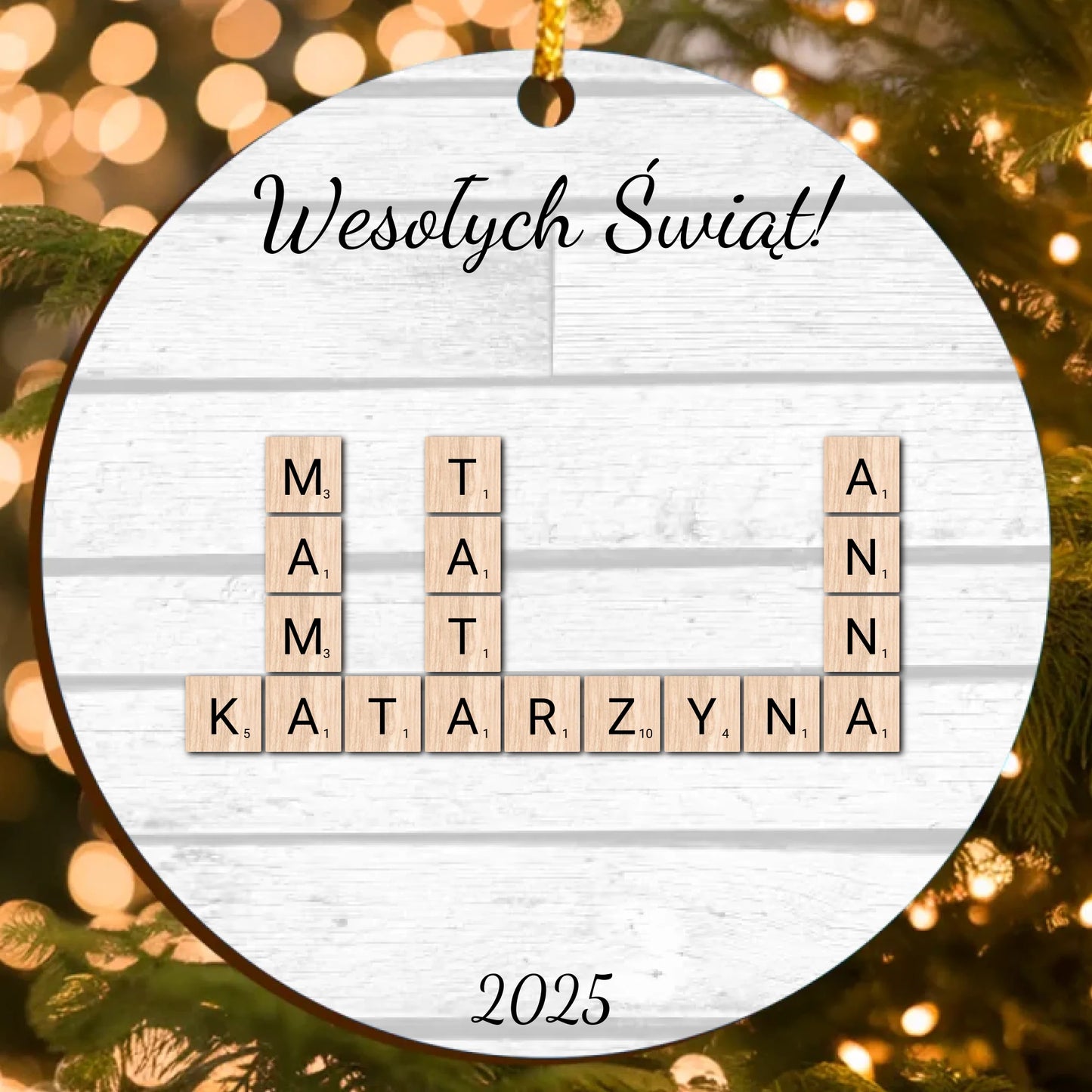 „Personalizowana ozdoba świąteczna w stylu Scrabble – własny tekst i imiona, nadruk 1-warstwowy