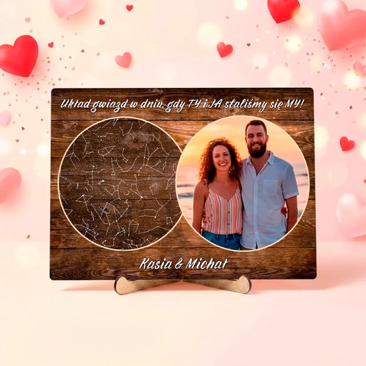 Personalizowana dekoracja stołowa z mapą gwiazd i fotografią