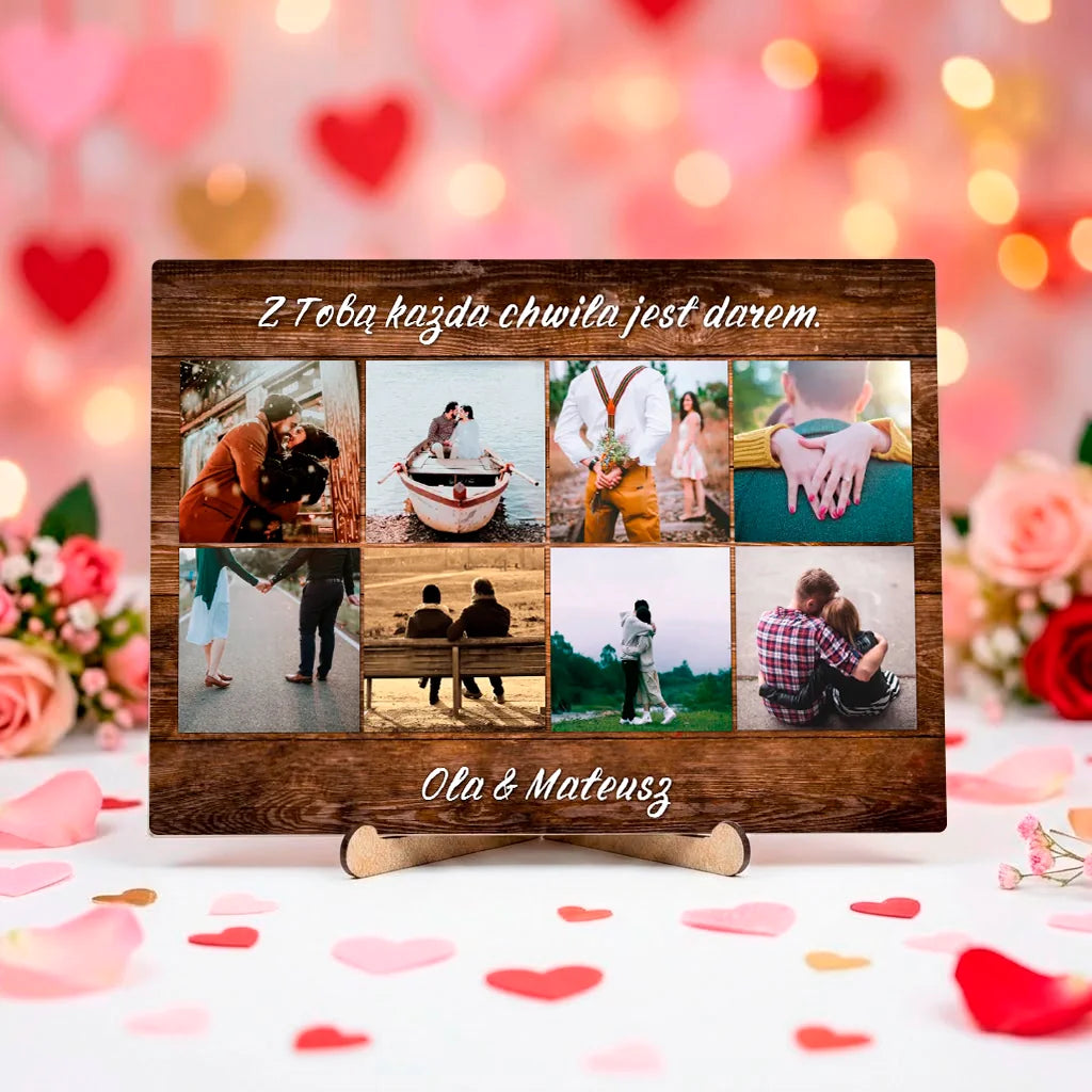 Personalizowana dekoracja stołowa z kolażem zdjęć i własnym tekstem