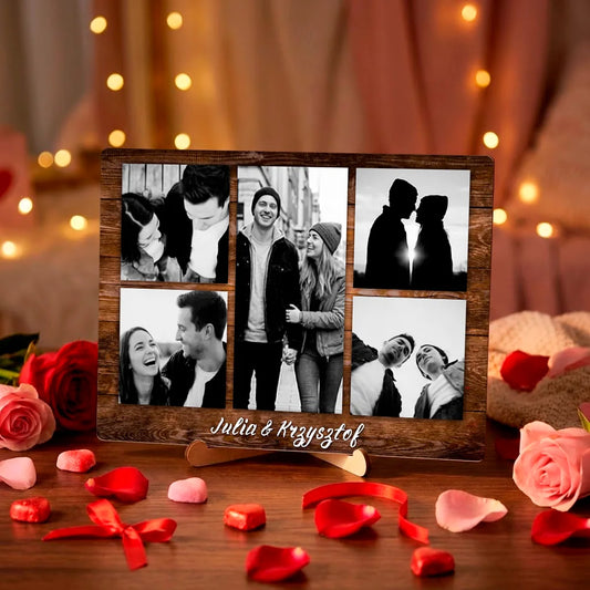 Personalizowana dekoracja stołowa z kolażem zdjęć i imionami