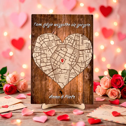 Personalizowana dekoracja stołowa z mapą miejsca, gdzie wszystko się zaczęło