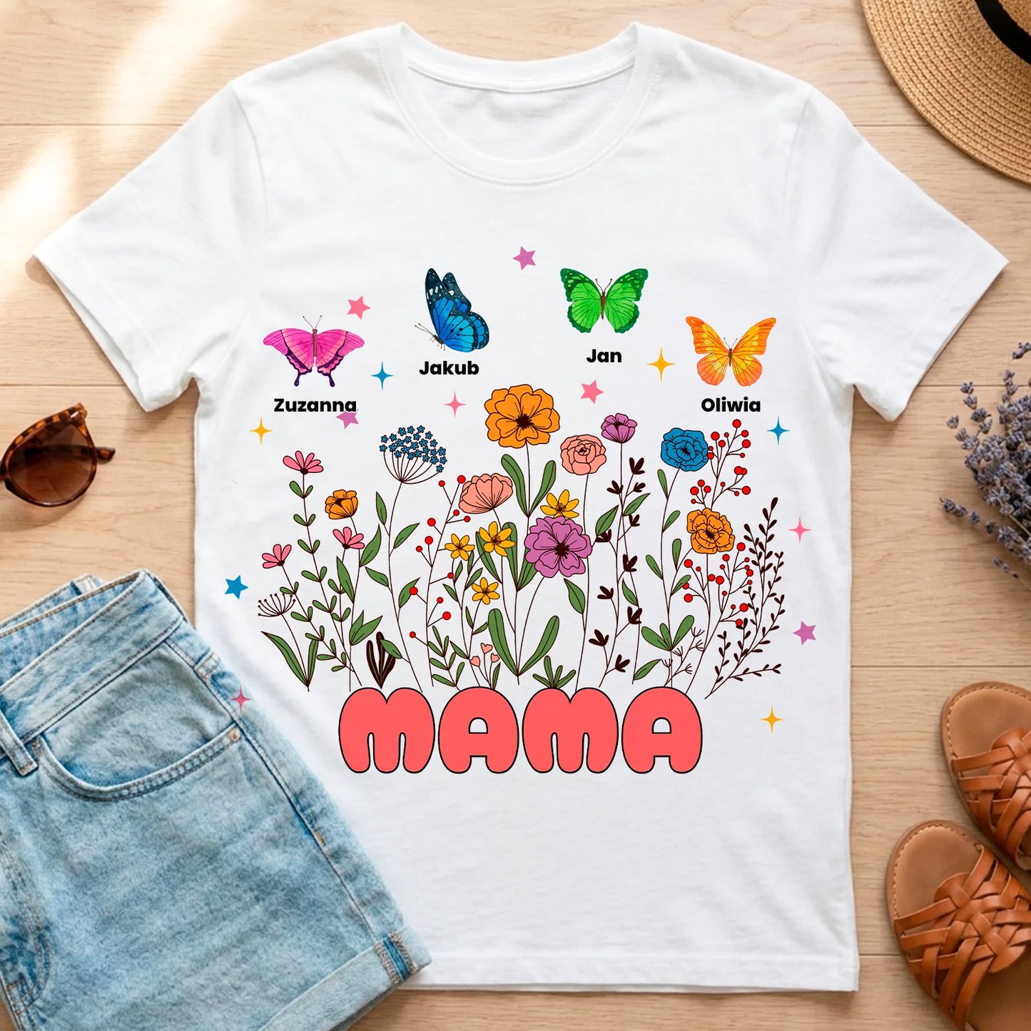 Personalizowana koszulka dla mamy z imionami dzieci i motylami