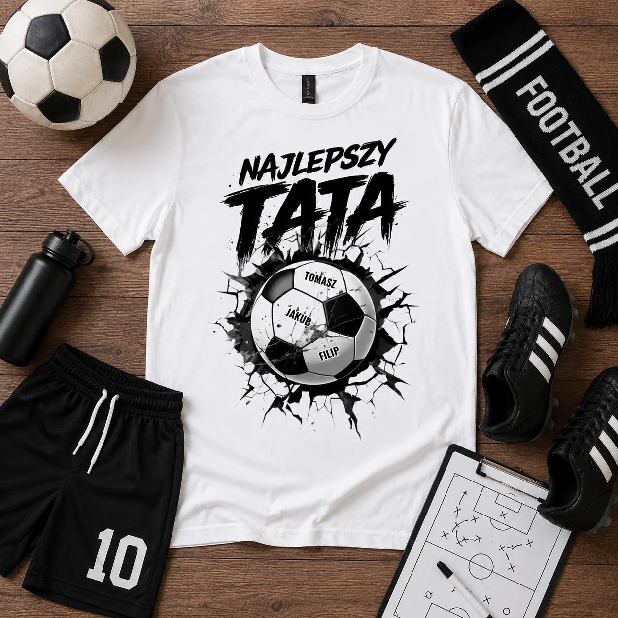 Personalizowana Koszulka „Najlepszy Tata” z Piłką i Imionami Dzieci