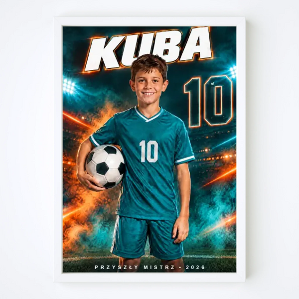 Plakat sportowy w ramie ze zdjęcia dziecka – Piłka nożna