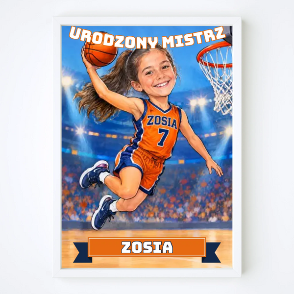 Karykatura sportowa w ramie ze zdjęcia dziecka – Koszykówka